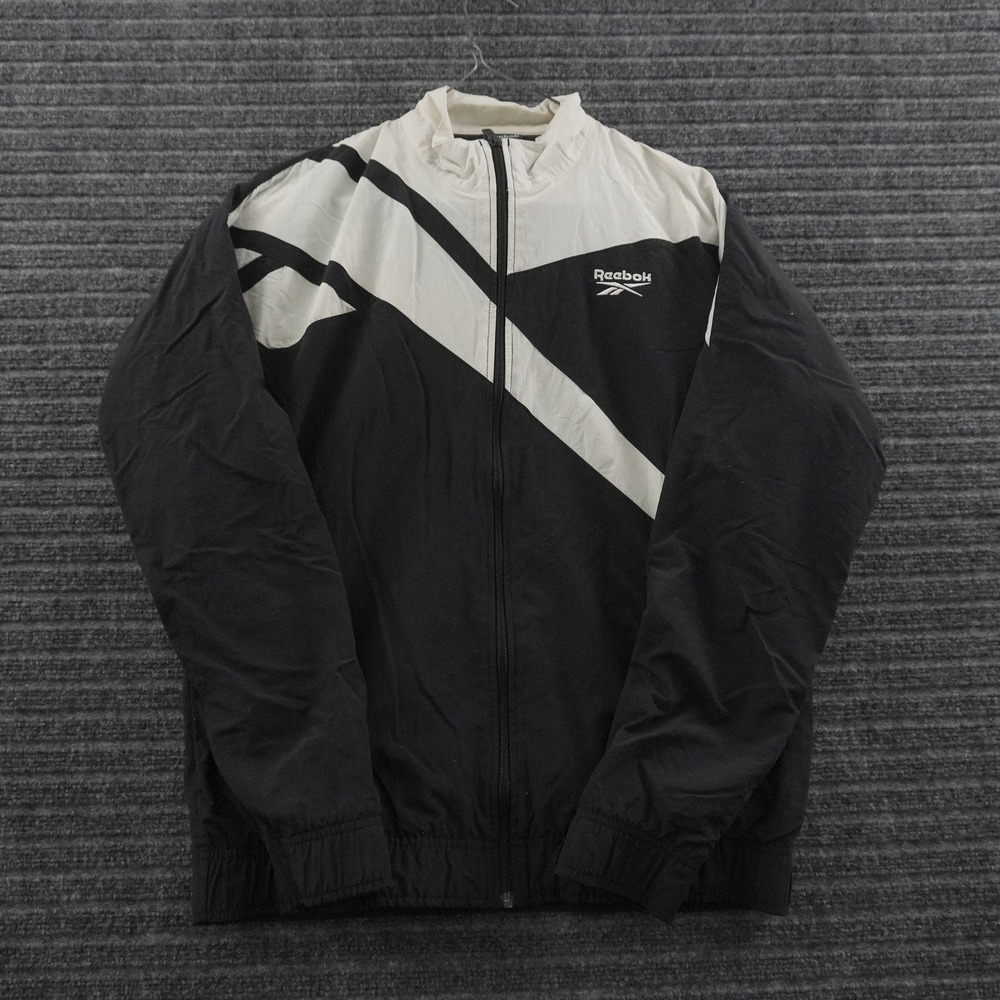 Vintage Reebok Windbreaker Mens L Black White Colorblock Full Zip Jacket